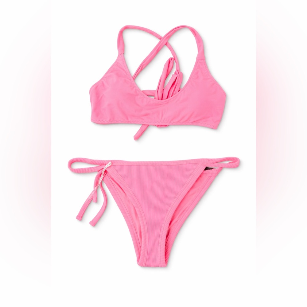 White Fox Boutique Hot Pink Ribbed Tie-Side Bikini Set